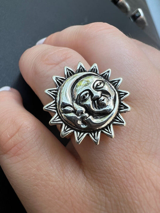 Solid 925 Sterling Silver Oxidized Celestial Crescent Sun and Moon Ring BoHo Ring