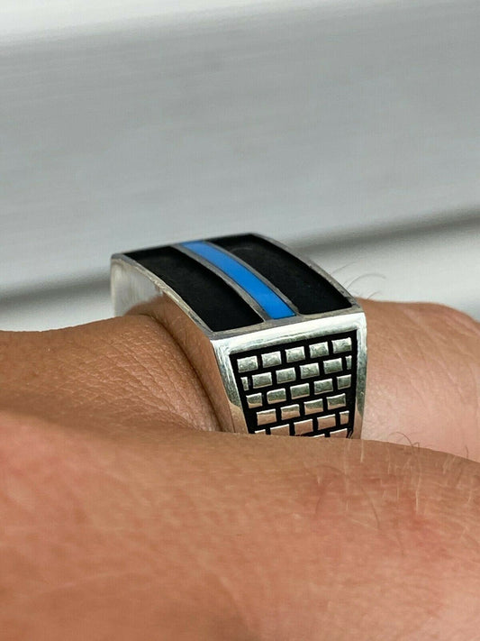 Solid 925 Sterling Silver Ring Blue Lives Matter Thin Blue Line Police Detective