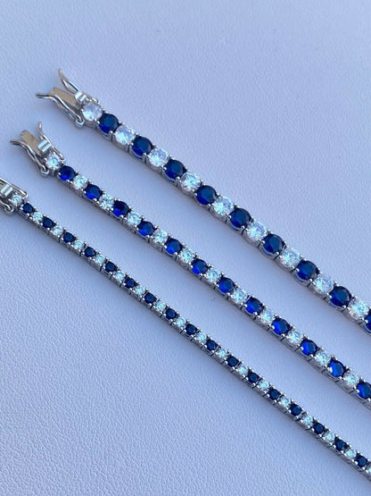 Tennis Bracelet SOLID 925 Sterling Silver Single Row Diamond and Blue Sapphire