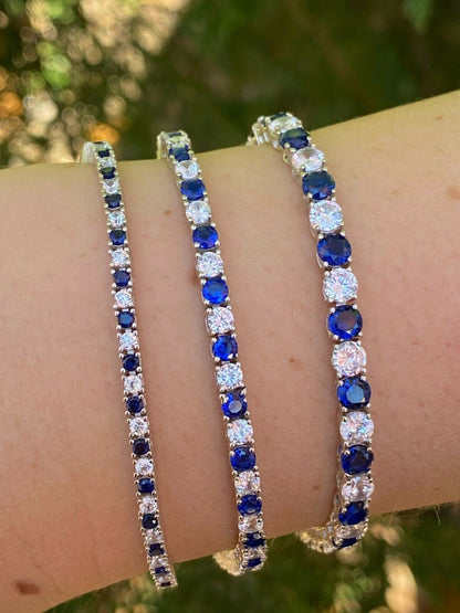 Tennis Bracelet SOLID 925 Sterling Silver Single Row Diamond and Blue Sapphire