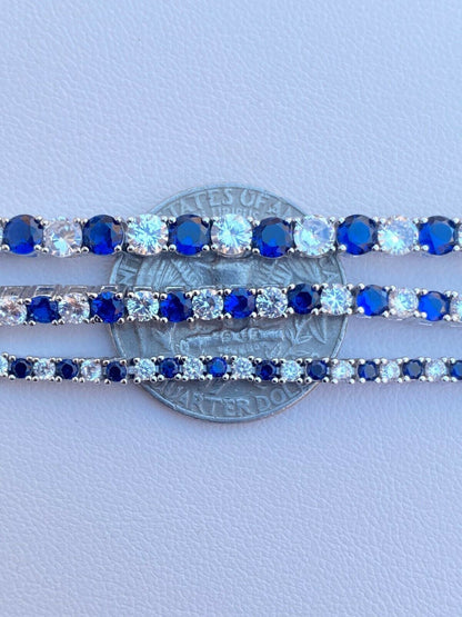 Tennis Bracelet SOLID 925 Sterling Silver Single Row Diamond and Blue Sapphire