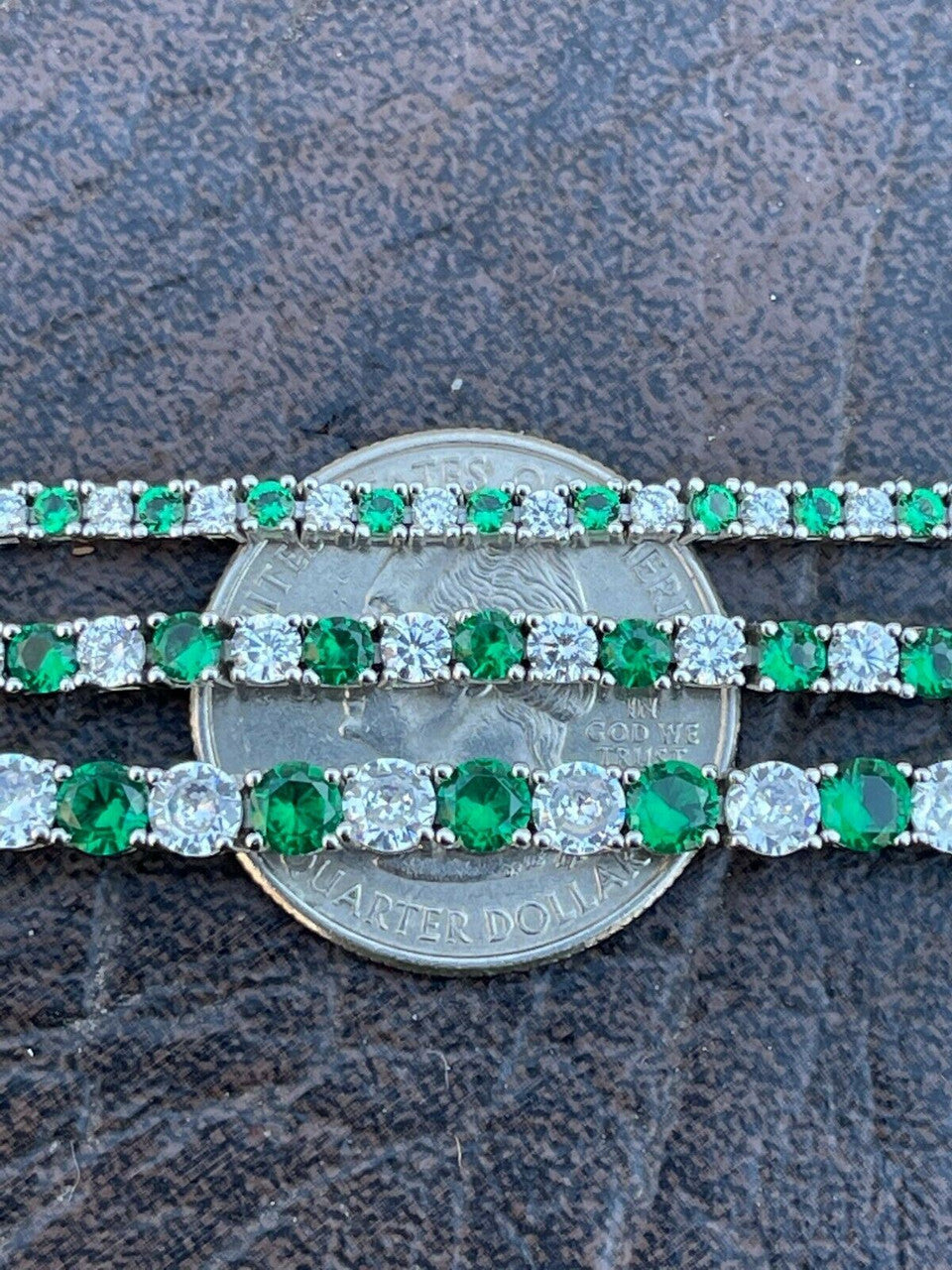 Tennis Bracelet SOLID 925 Sterling Silver Single Row Diamond and Green Emerald
