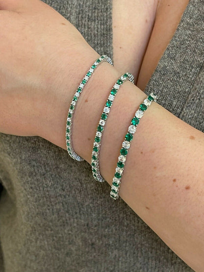 Tennis Bracelet SOLID 925 Sterling Silver Single Row Diamond and Green Emerald