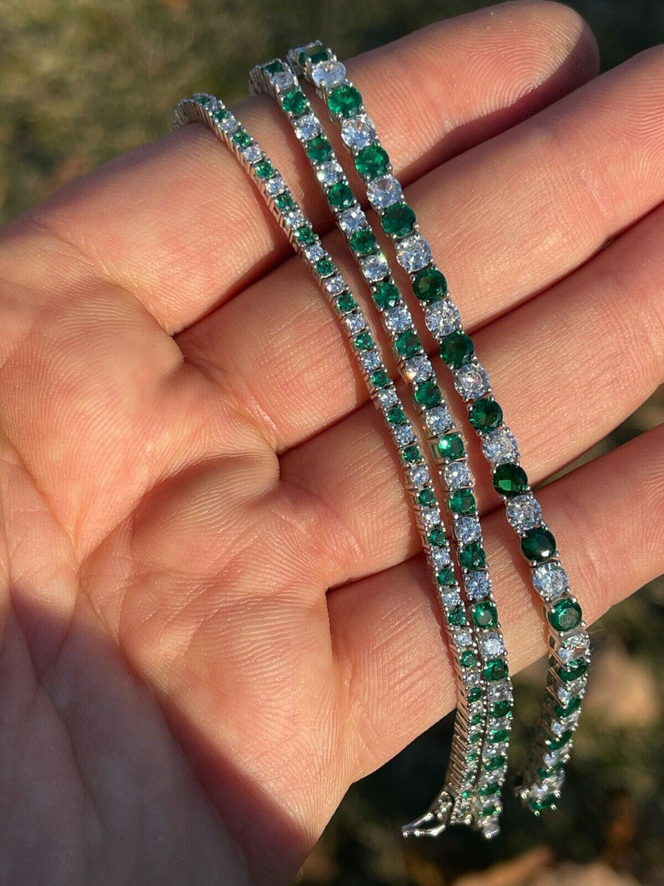 Tennis Bracelet SOLID 925 Sterling Silver Single Row Diamond and Green Emerald