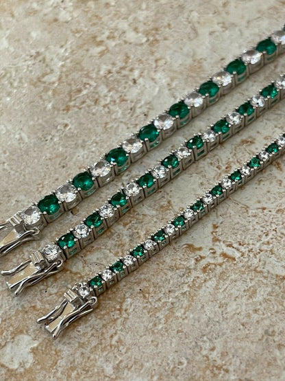 Tennis Bracelet SOLID 925 Sterling Silver Single Row Diamond and Green Emerald