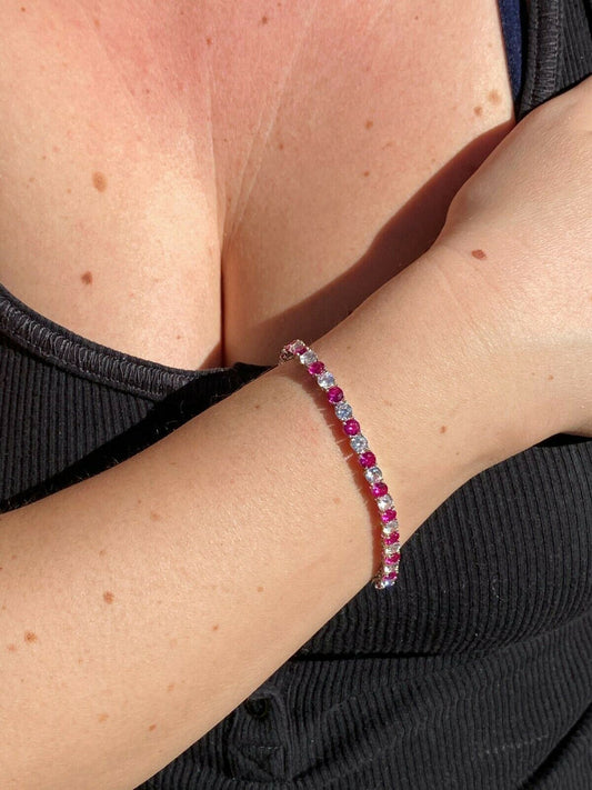 Tennis Bracelet SOLID 925 Sterling Silver Single Row Diamond and Ruby 2-4mm 6-8
