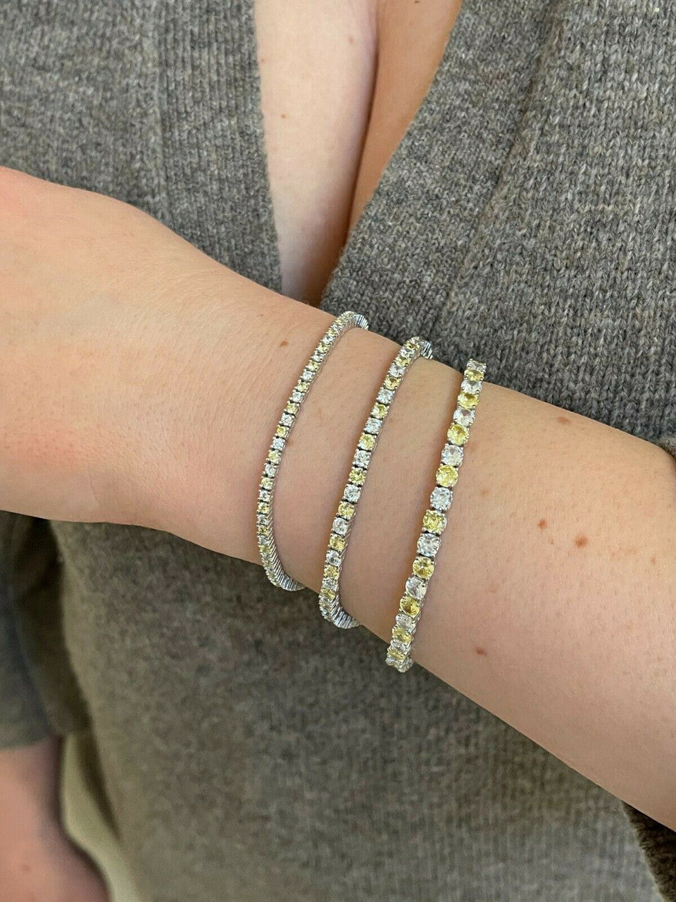 Tennis Bracelet SOLID 925 Sterling Silver Single Row Diamond and Yellow Sapphire