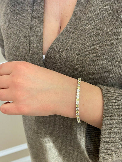 Tennis Bracelet SOLID 925 Sterling Silver Single Row Diamond and Yellow Sapphire