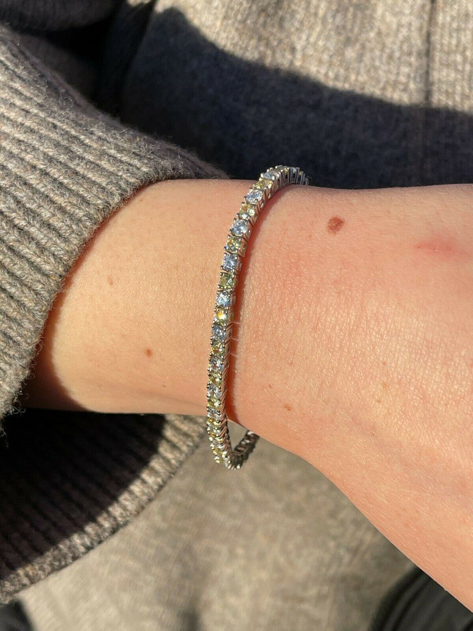 Tennis Bracelet SOLID 925 Sterling Silver Single Row Diamond and Yellow Sapphire