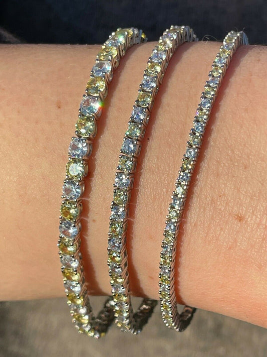 Tennis Bracelet SOLID 925 Sterling Silver Single Row Diamond and Yellow Sapphire